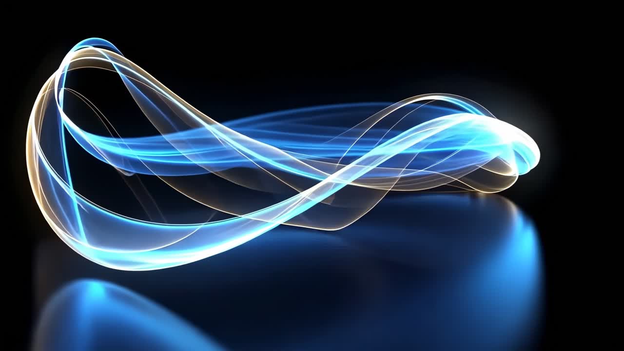 Dynamic light trails in blue and white swirl on a black background, captured from a low-angle