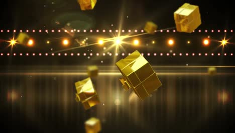 animation of christmas gold presents falling over spotlights in background