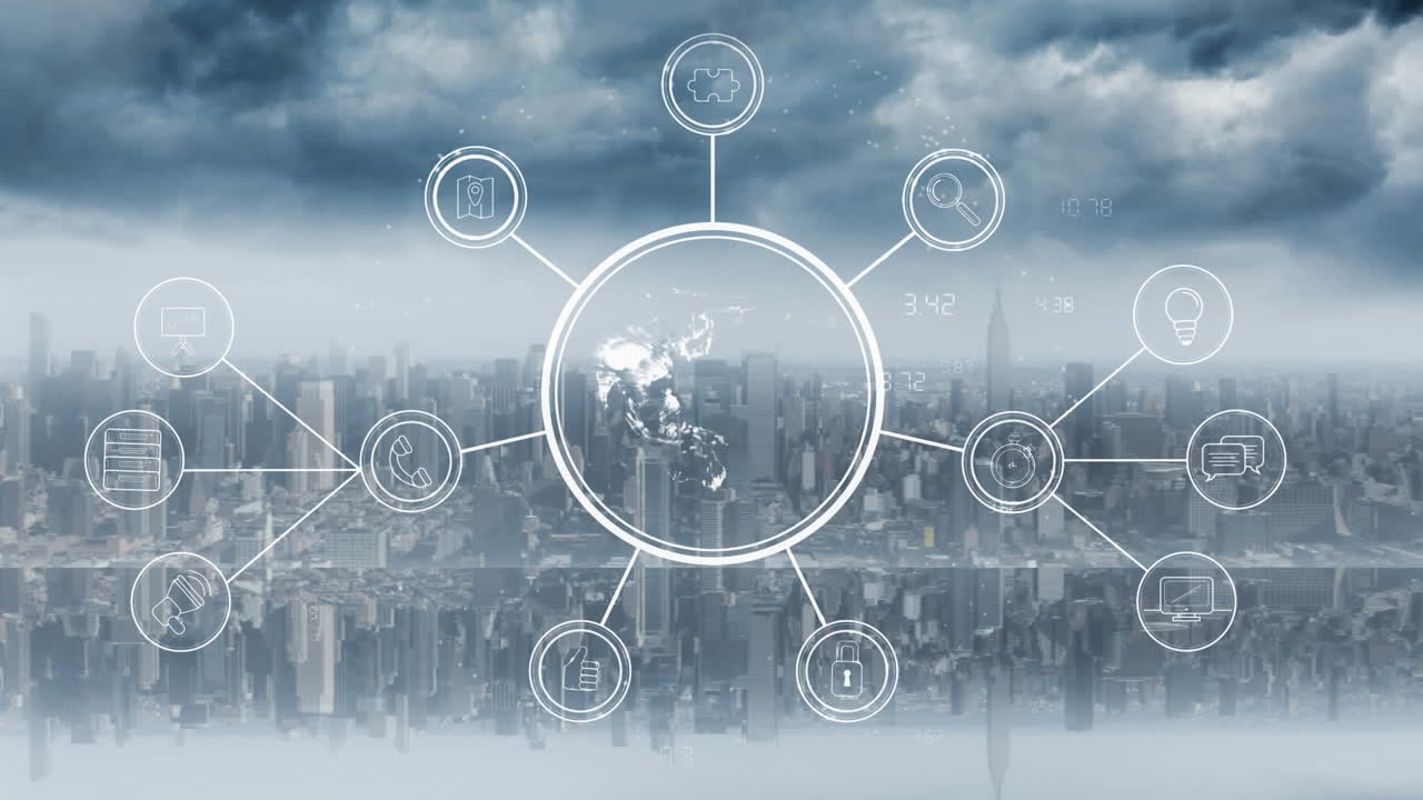 도시 풍경 배경에 대한 연결 네트워크의 애니메이션