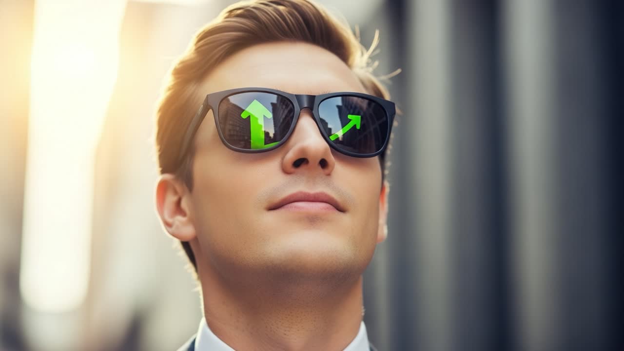 Confident Businessman with Sunglasses Reflecting Growth Arrows, Symbolizing Success and Positive Outlook in a Modern Urban Environment