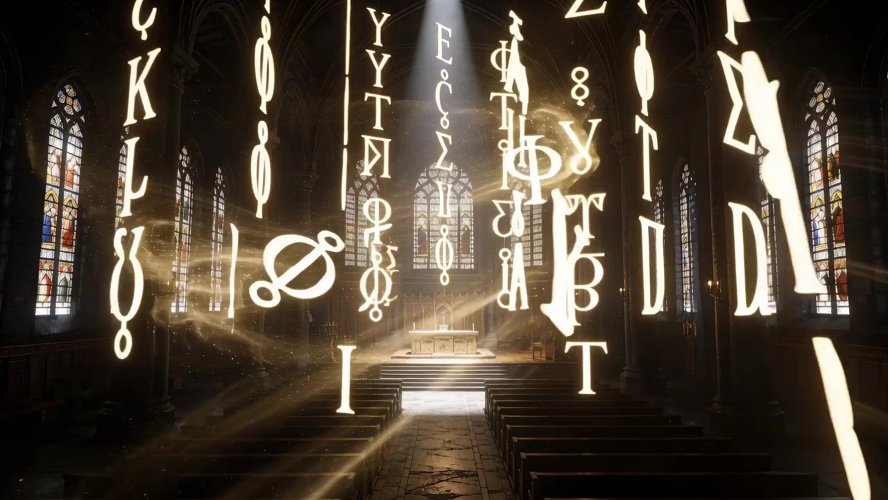 Un haz de luz brillante hace descender glifos luminosos que giran en una nave gótica, iluminando el altar y los bancos