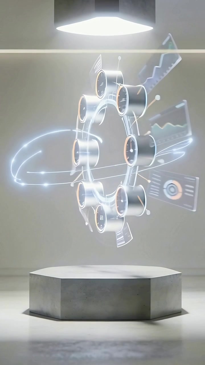 Vertikal video: Aktiverer holo-ring, der deler sig i moduler og samles igen over sekskantet base i galleri.