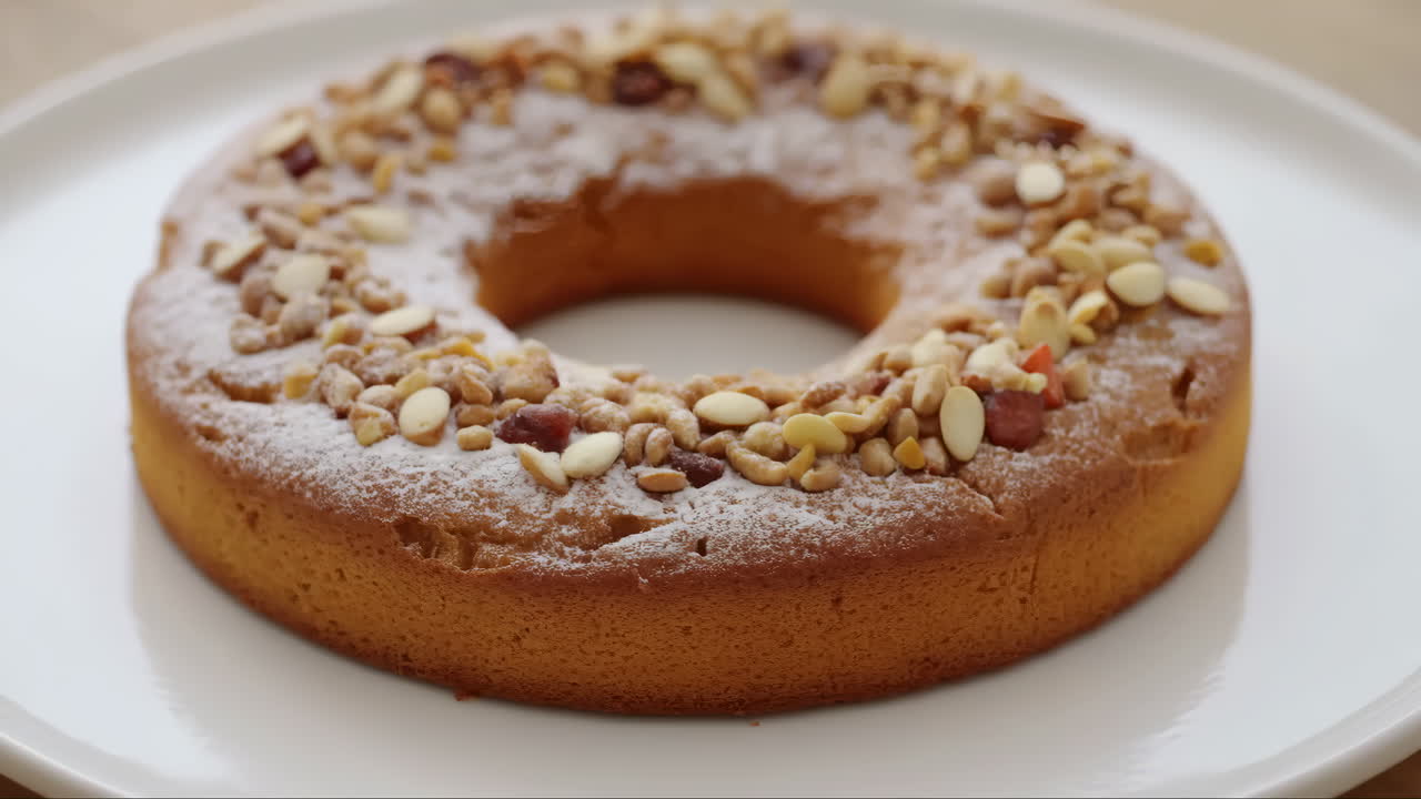 Deliziosa torta a ciambella guarnita con frutta secca e zucchero a velo