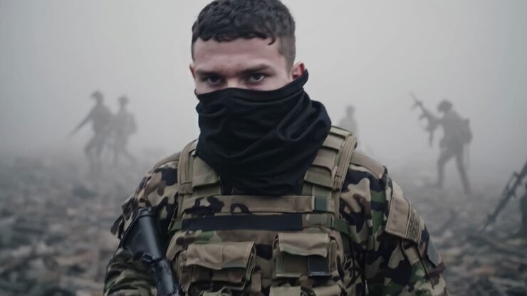 Soldier clad in camouflage uniform and face protection stands guard in a foggy environment, gripping a rifle while other soldiers are positioned in the background, ready for action