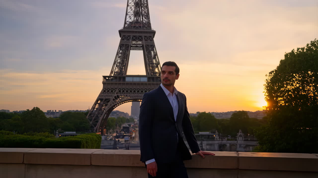 Uomo in abito a Parigi con la Torre Eiffel al tramonto