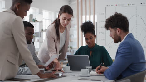 corporate business team meeting manager woman brainstorming with colleagues discussing project strategy sharing ideas in office