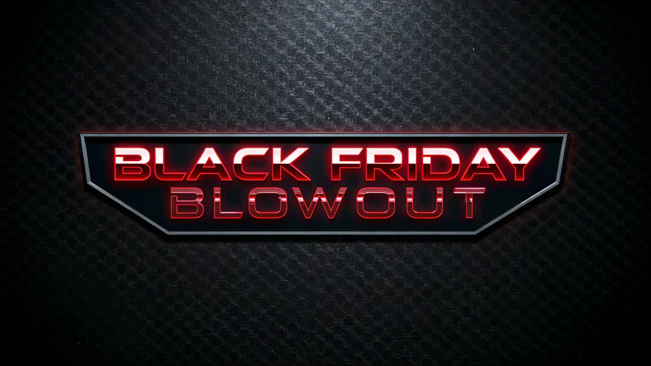 Animating badge reading BLACK FRIDAY BLOWOUT red neon text sweeping right on metal wall for promo