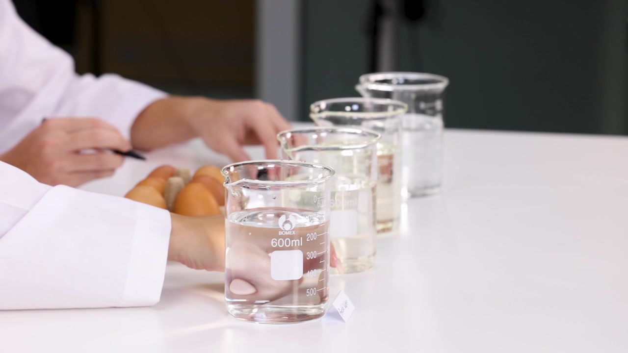 Studerende i laboratoriekittel udfører et videnskabeligt eksperiment med æg og glasbægerglas i et klasseværelse