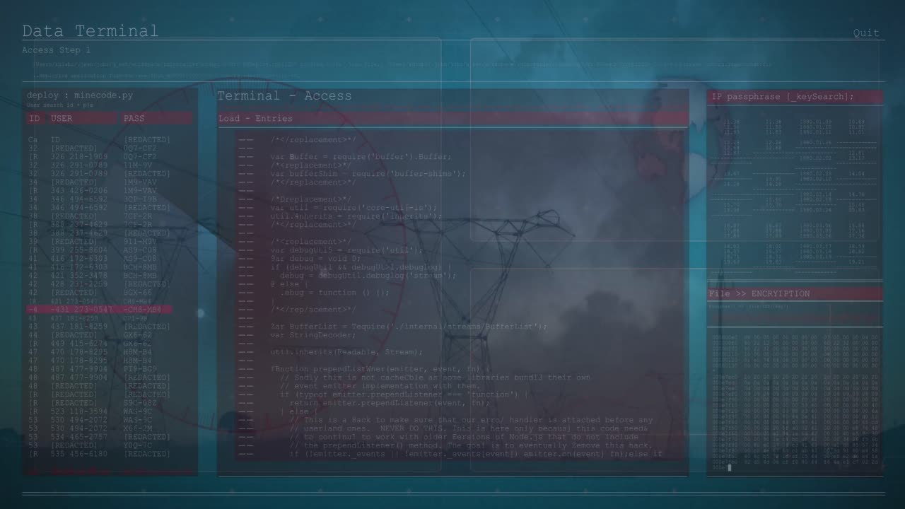 Animation of data processing on digital screens over electricity poles