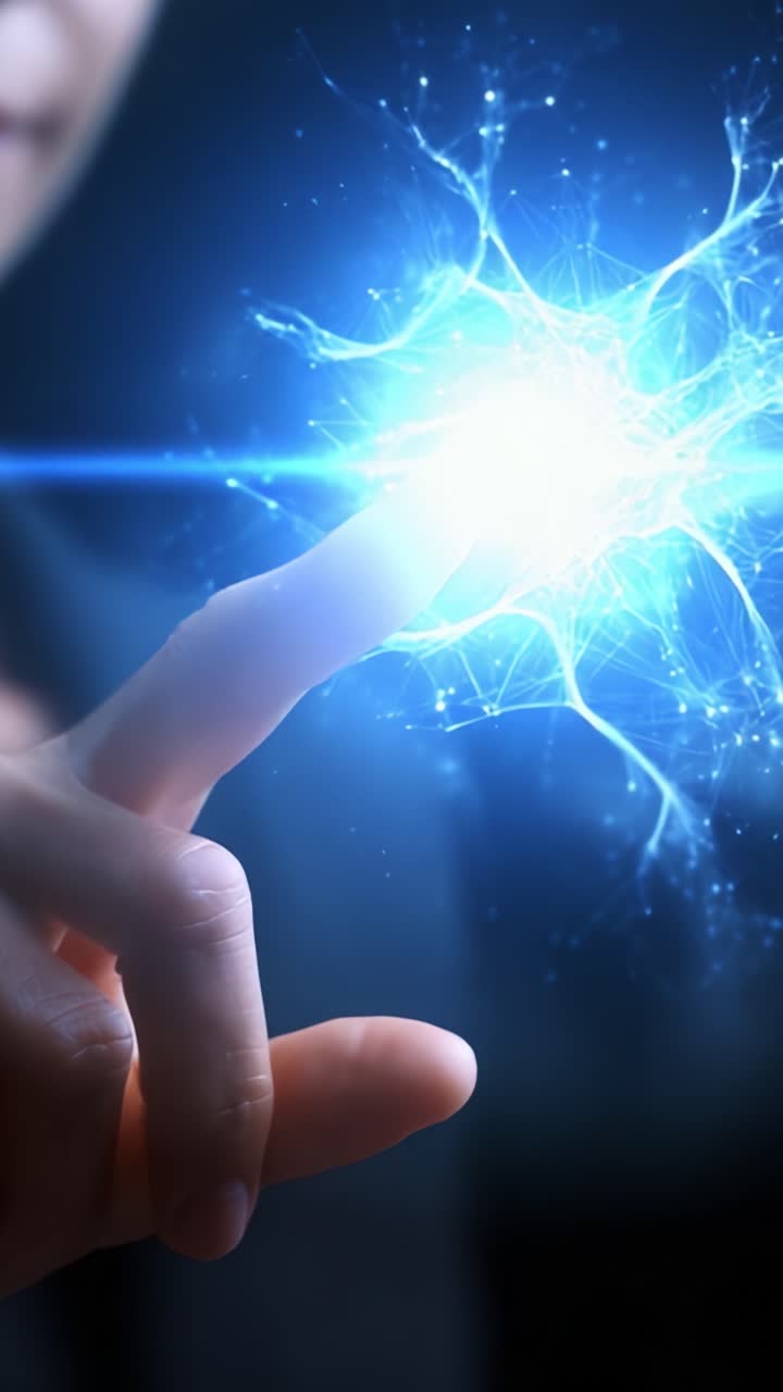 Una representación visual dinámica de energía y conexión, que muestra un dedo tocando una fuente de energía brillante y misteriosa con luz vibrante y diseños intrincados