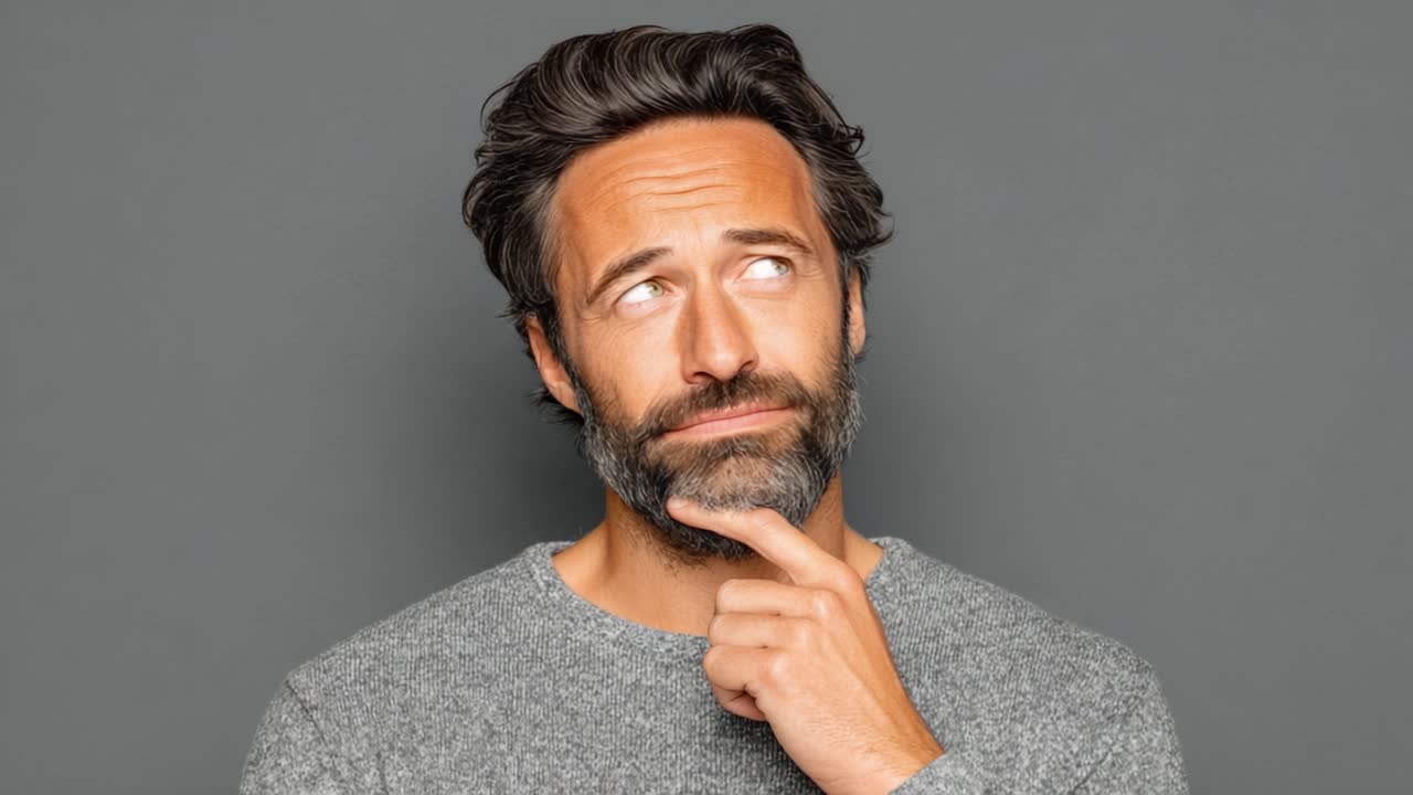 A Thoughtful Man in Contemplation: Pondering Life's Questions, This Man Displays a Range of Emotions While Engaging with His Thoughts in a Minimalist Setting