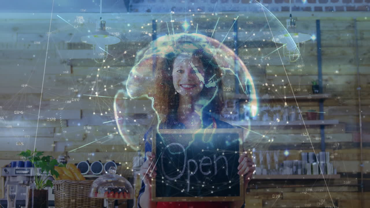Holding Open sign in cafe, person smiling with digital network animation overlay