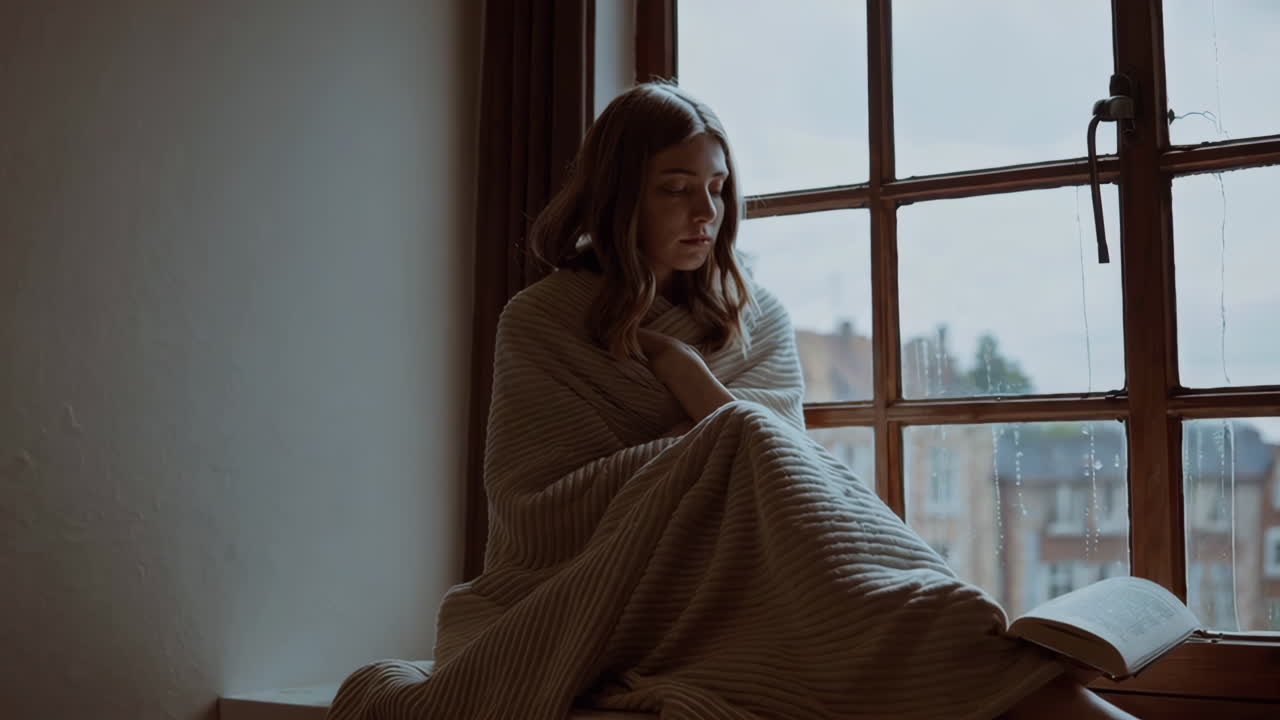 Woman Reading by the Window on a Rainy Day