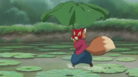 anime tanuki character walks through a rainy pond using a lotus leaf as an umbrella