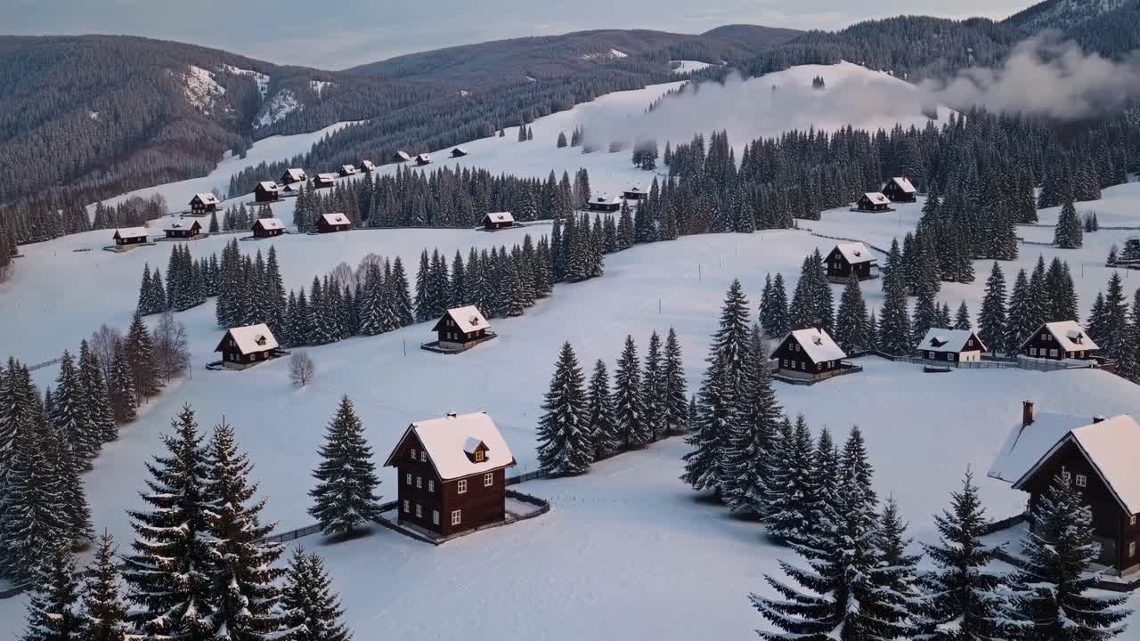 Aerial video captures a serene winter landscape with snow-covered cabins and pine trees