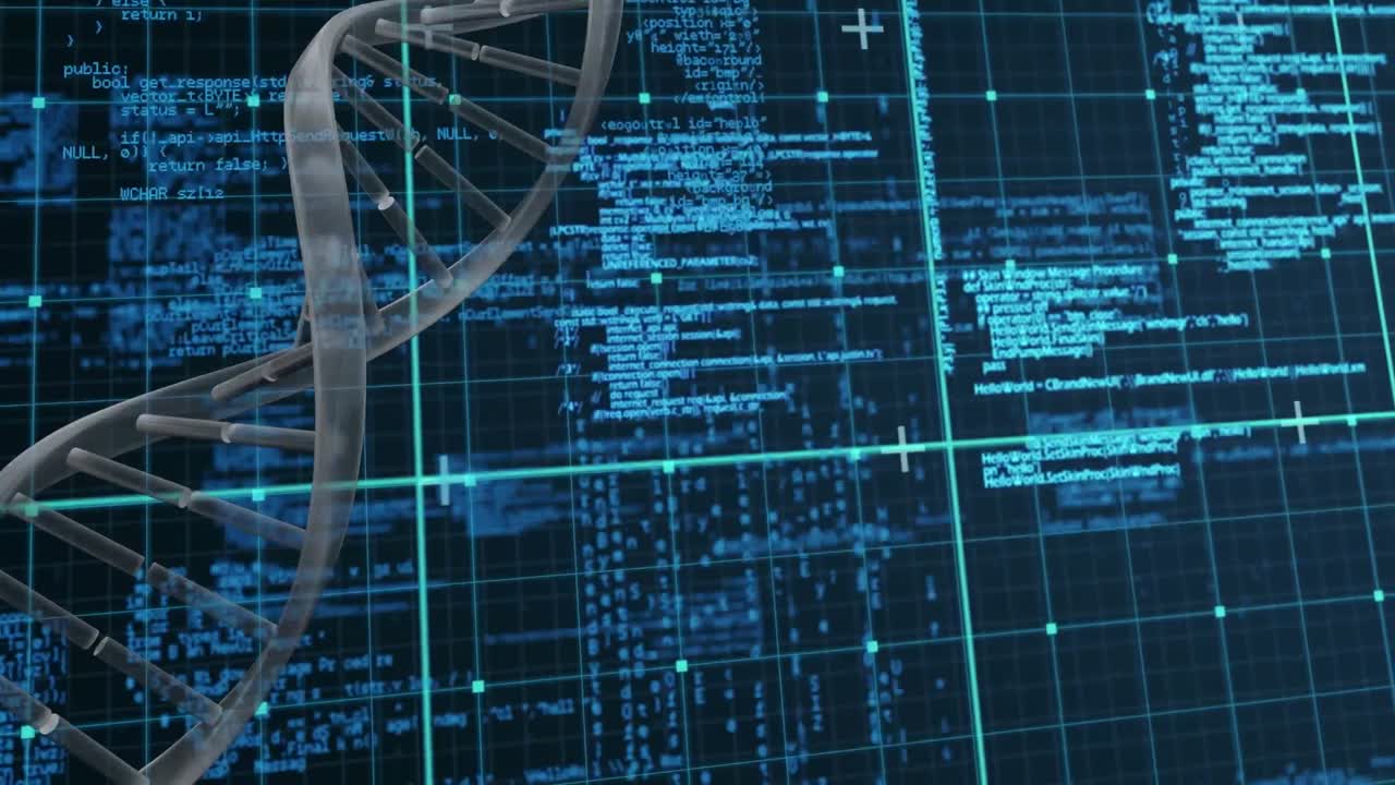 Animation of dna chain over data processing over blue and black space