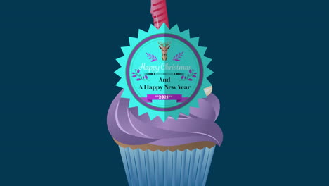 animación de felicitaciones de navidad en etiqueta sobre cupcake en fondo marino