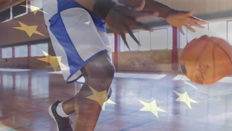 dribbling basketball on court, player with animated star overlay
