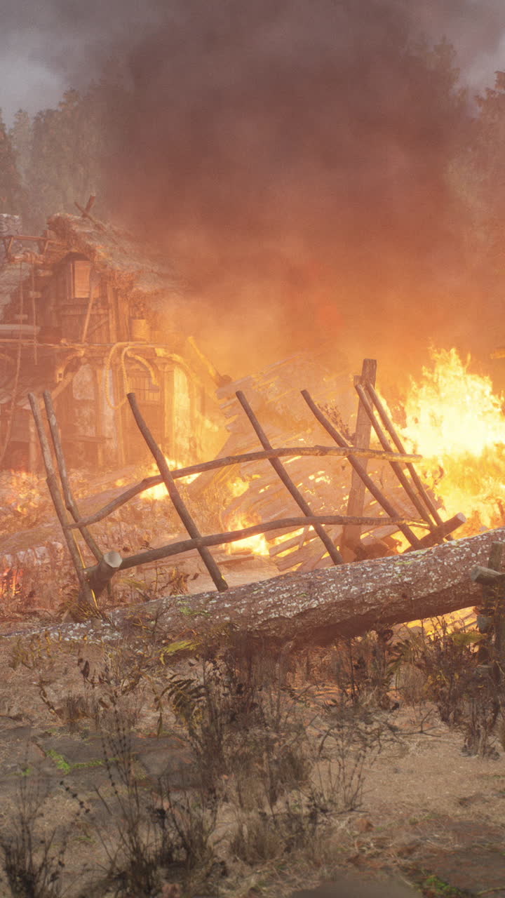 Villaggio in fiamme nella foresta.