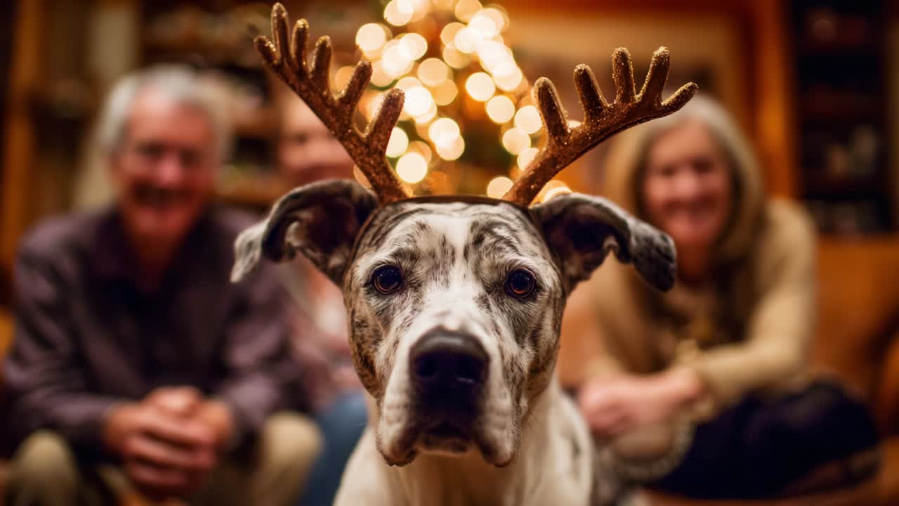 A Festive Dog with Antlers Captivates the Holiday Spirit, Surrounded by Family in a Cozy Setting Filled with Warm Lights and a Joyful Atmosphere, Celebrating Togetherness and Love during the Holidays