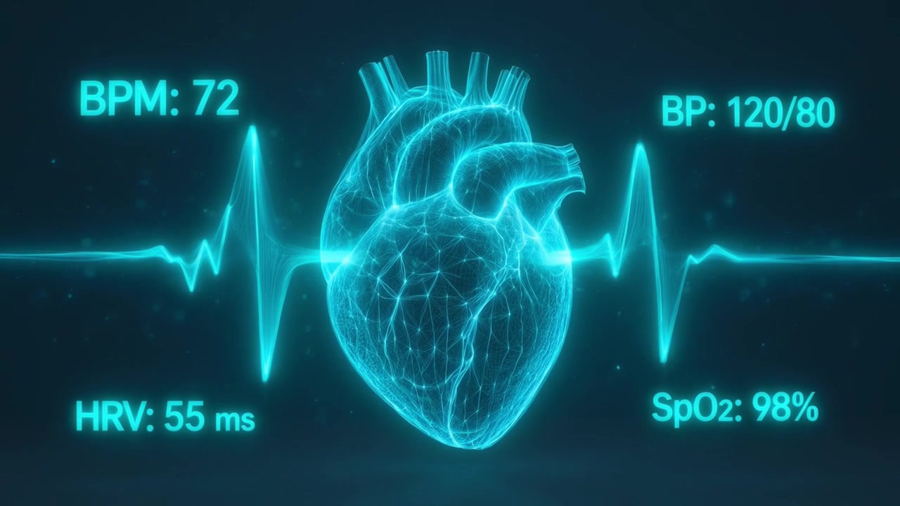 Cuore umano digitale con segni vitali e monitor ECG.
