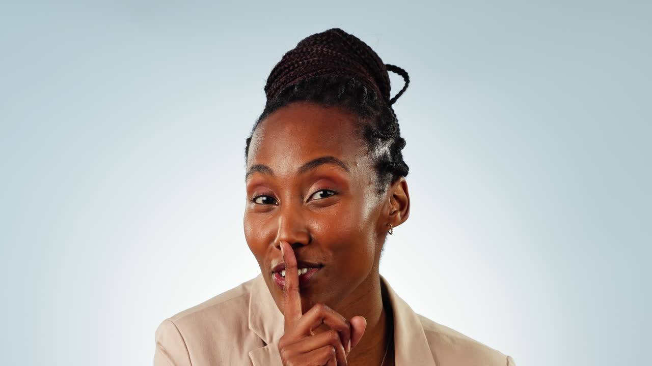 Face, smile and secret with a black woman silent