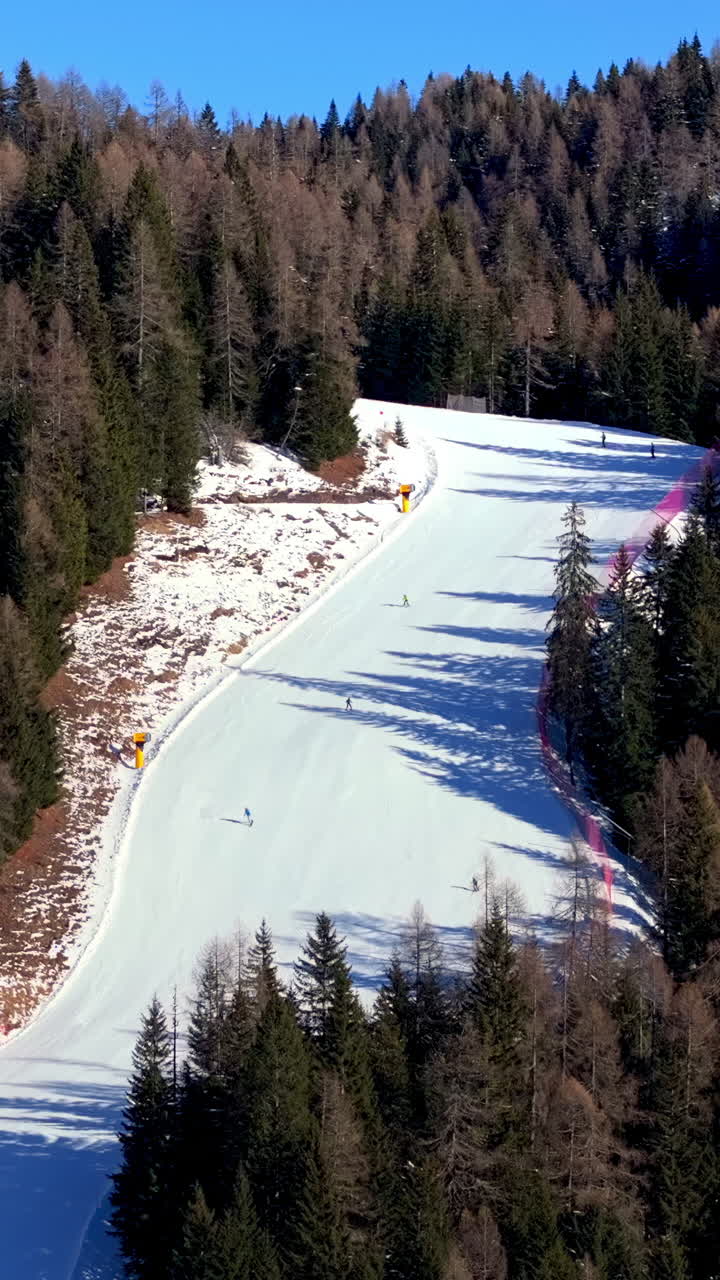 Aerial drone view of a ski resort in Piani di Pezze, Alleghe, Province of Belluno, in the Dolomites, Italy in daylight. Vertical
