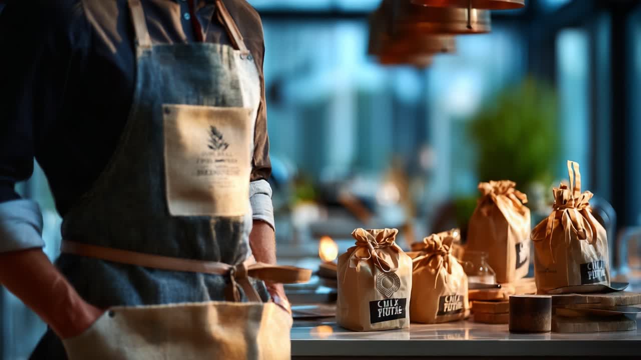 A Chef in a Stylish Apron Stands Confidently at a Well-Designed Kitchen Counter Surrounded by Artisan Ingredients, Ready to Create Culinary Masterpieces in a Bright Setting