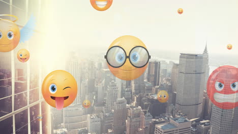 animation of emoji icons flying up over cityscape