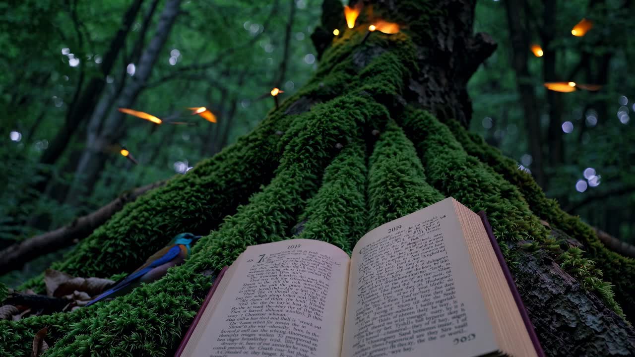 A magical scene with glowing butterflies around a mossy tree and open book, captured from a low