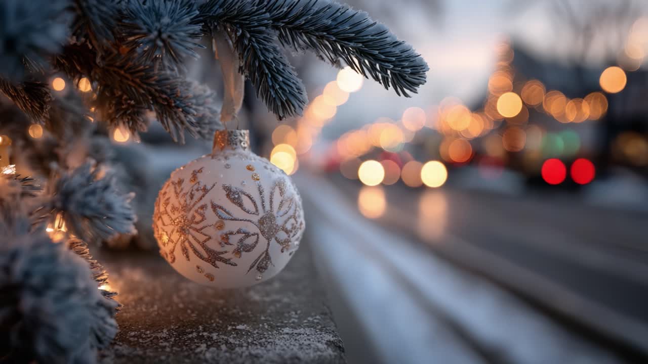 Festlig vinteraften: Nærbillede af en smuk julekugle, der hænger fra en frostklar fyrregren med bløde julelys i baggrunden