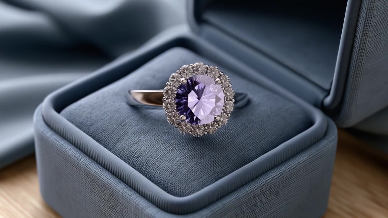 Splendido anello con gemma viola esposto elegantemente in una lussuosa scatola di velluto, che ne evidenzia il design squisito e la brillantezza radiosa, perfetto per occasioni speciali