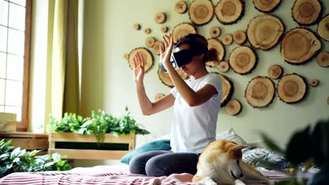 african american girl is using virtual reality glasses sitting on bed at home, she is moving hands and head and smiling while her cute dog is yawning and licking its muzzle.