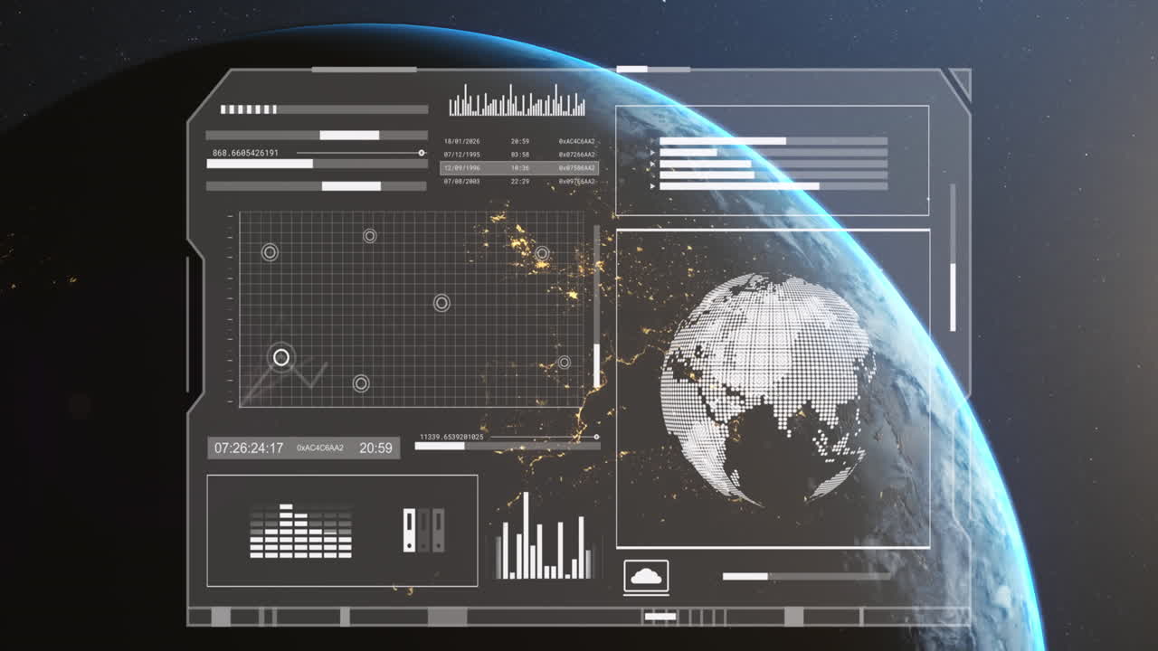 animación del globo, gráficos, barras de carga sobre el globo giratorio contra el espacio
