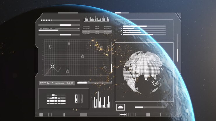 Animation of globe, graphs, loading bars over rotating globe against space