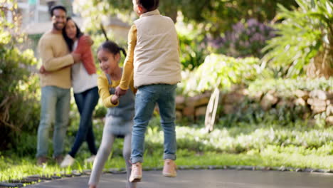 Happy,-jumping-and-children-on-trampoline