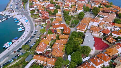Nessebar-old-town,-Burgas-province-on-the-Black-Sea-coast-of-Bulgaria,-Panoramic-aerial-view-across-the-marina-and-harbour