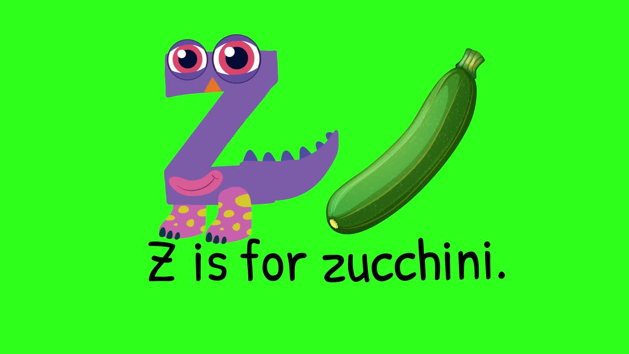 A playful animation of the letter Z transforming into a zucchini on a vibrant green background, engaging and educational