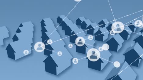 animation of network of connections with icons over rows of houses