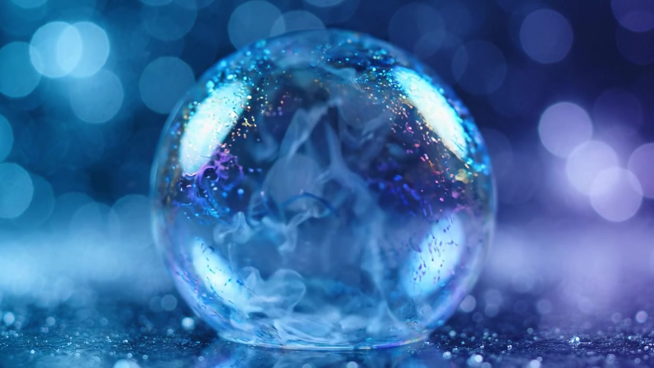 Riflessi affascinanti di una bolla di sapone su una superficie scintillante: una vista ravvicinata ipnotizzante che mostra dettagli intricati e uno sfondo con luci bokeh.