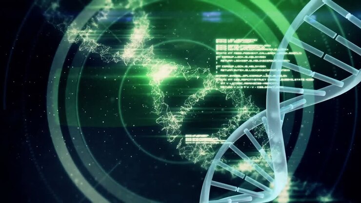 Spinning DNA against codes and futuristic circles