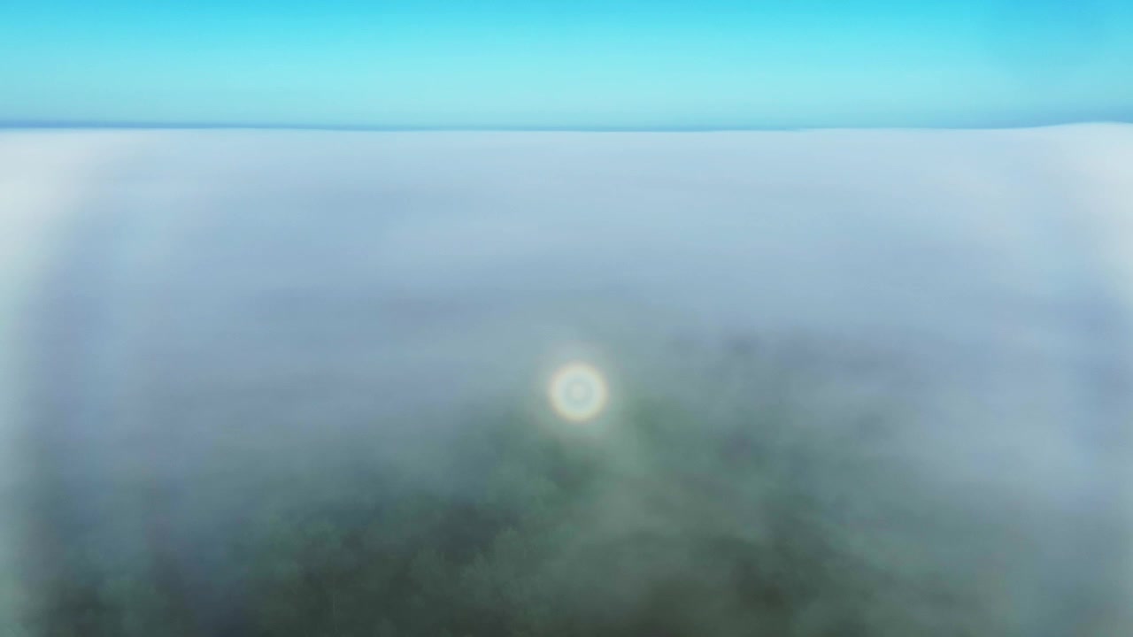 Veduta aerea di un paesaggio nebbioso, un raro fenomeno meteorologico di gloria iridata e un arco di nebbia sulla superficie della nebbia. Estonia.