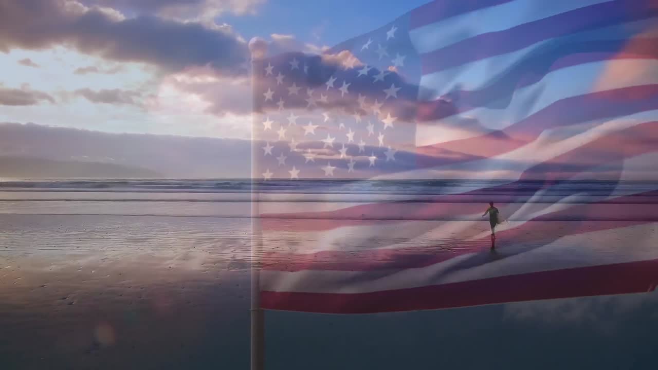 animación de la bandera de los estados unidos de américa soplando sobre la figura en la playa con un cielo azul nublado