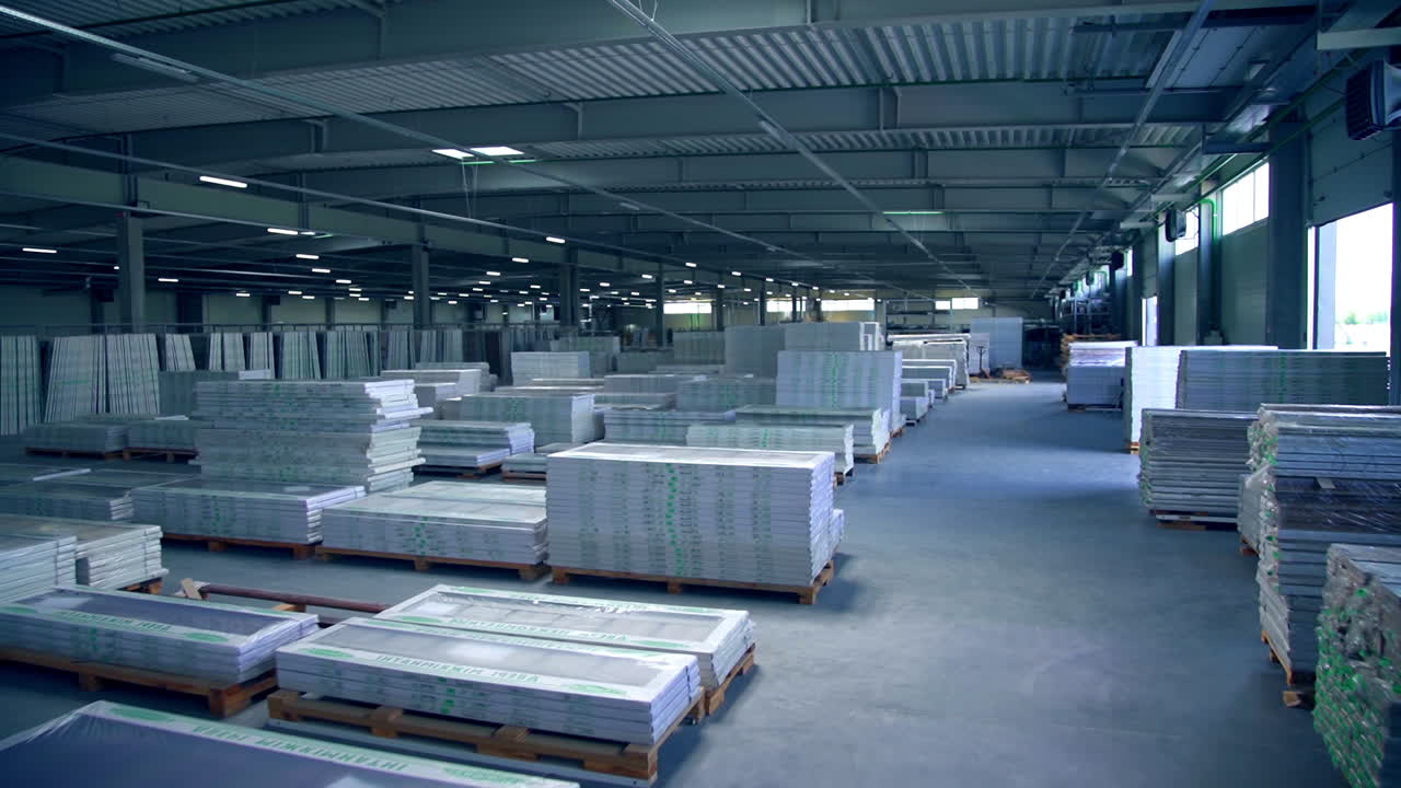 Inside the large warehouse with stored materials. Ready-made doors packed and piled ready for transportation.