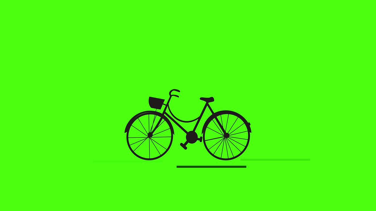 Bicycle animation. The wheels and pedals are rotating and the road is animated. No people.