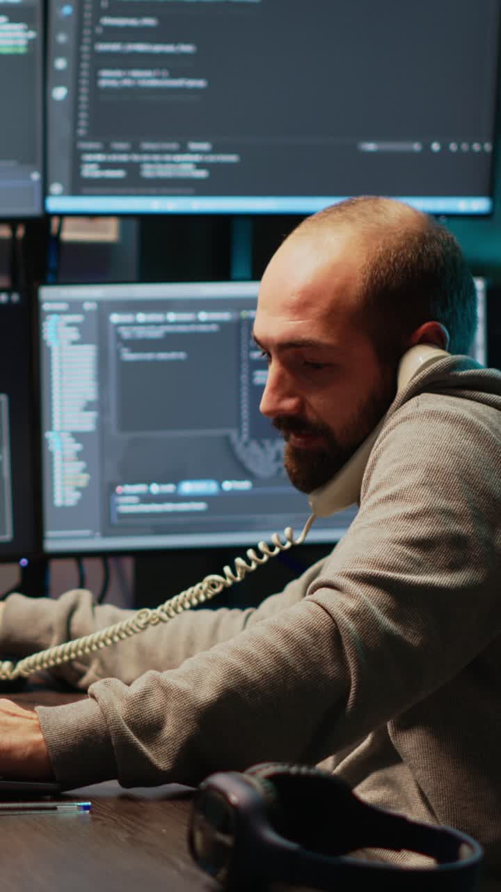 Vertical video: Software developer talking on landline phone at night