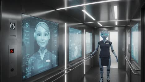 futuristic elevator featuring an interactive robot with display screens showcasing data analytics and user interface in a high-tech environment