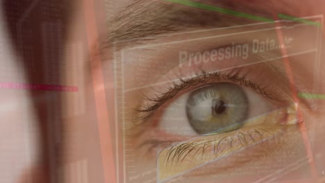 animation of digital screen with data processing over eye of caucasian woman