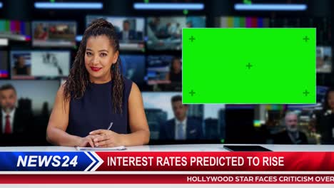 split screen tv news live report: anchor talks, reporting. reportage montage with picture in picture green screen. side by side chroma key display. television program channel playback. luma matte