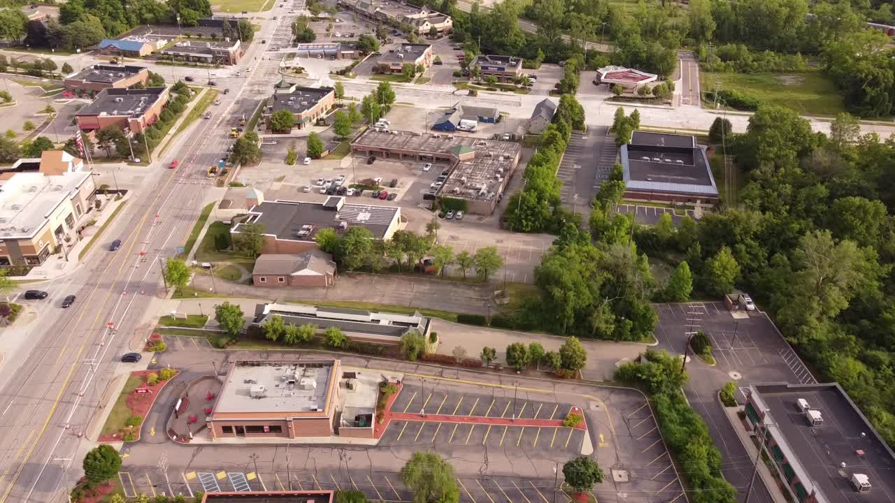 Aerial View Of Buildings At The Roadside Of Novi Highway In Michigan, USA